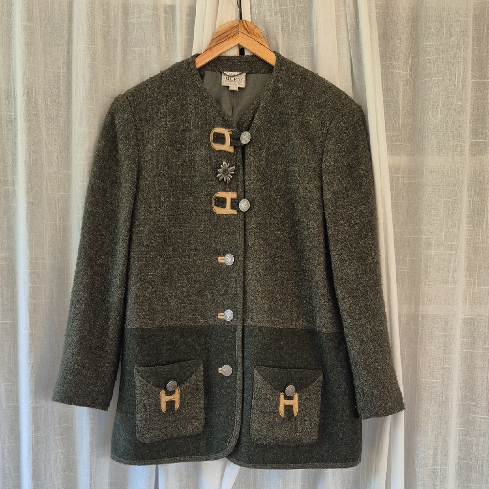 Vintage Dark Green Women's Blazer Decorative Buttons Wool GERMANY